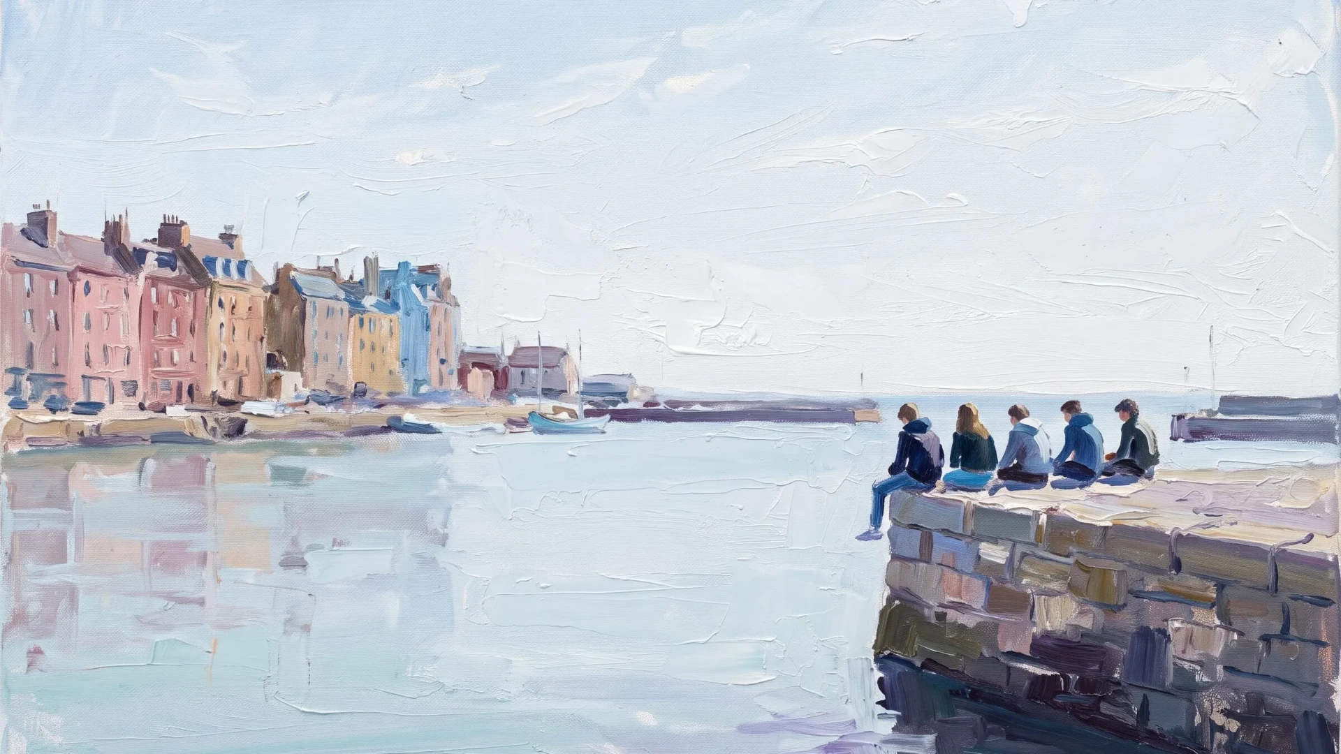 Young people sitting on a harbour quay