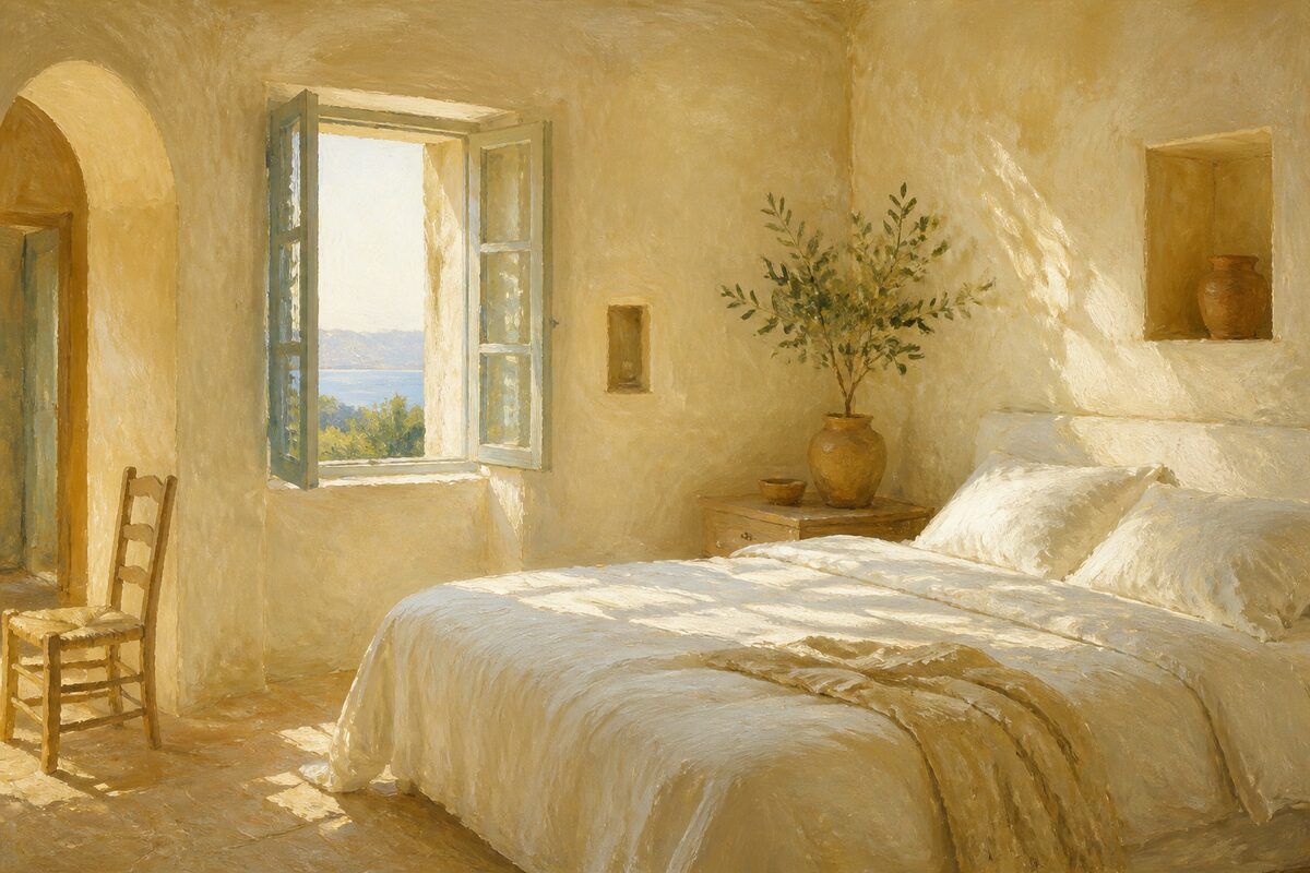 Sunlit bedroom with linen bedding