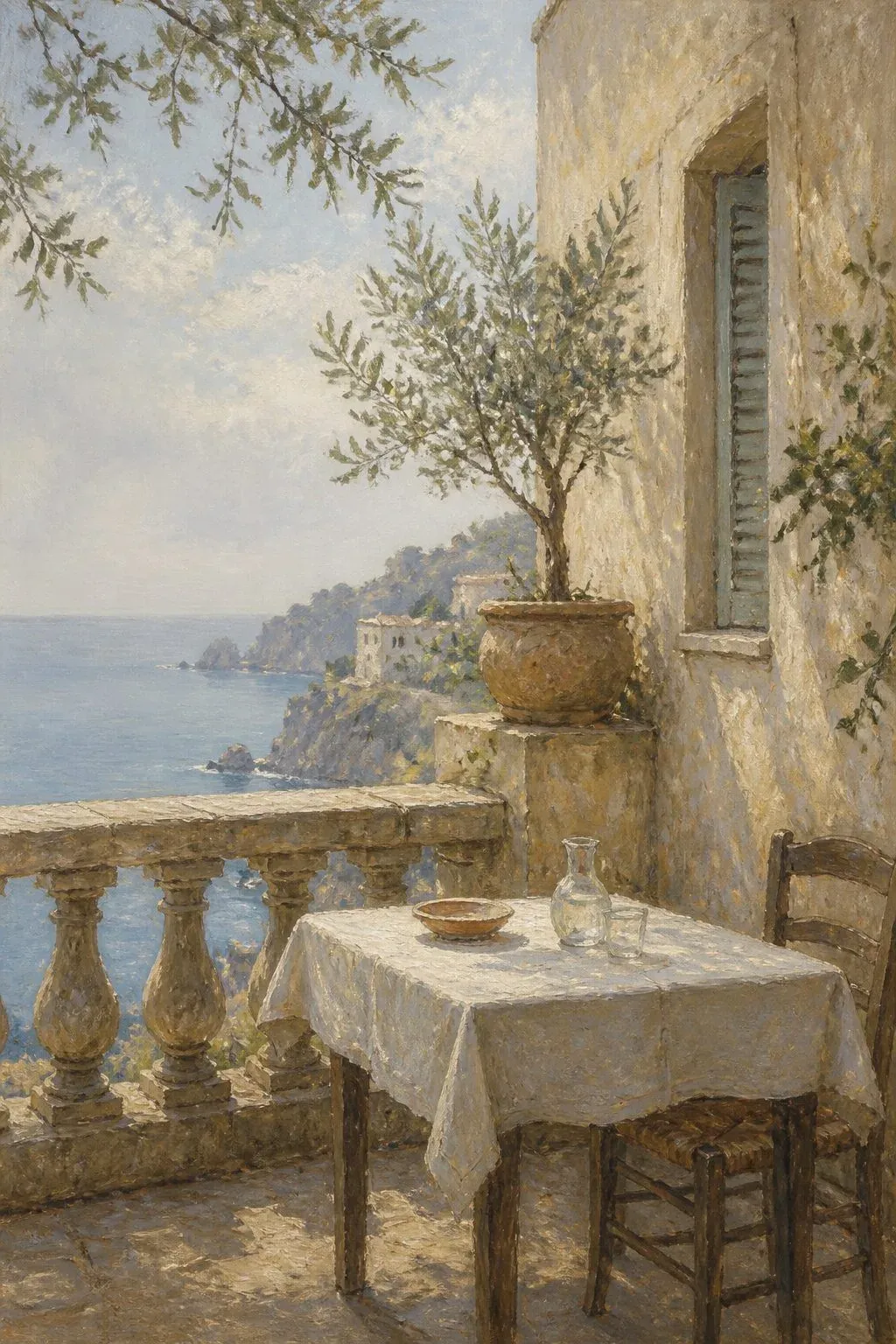 An impressionist oil painting of an intimate coastal terrace with soft Mediterranean morning light