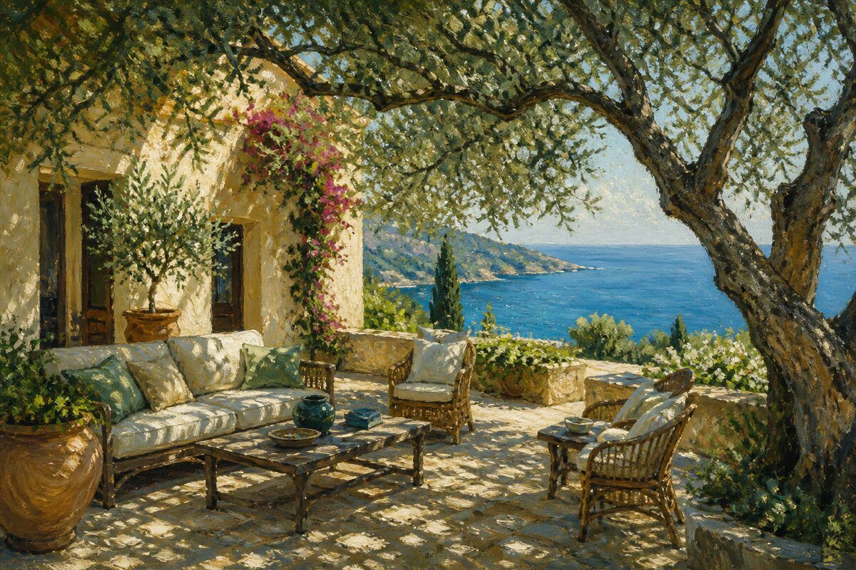 Shaded olive grove terrace with sea-view patio seating