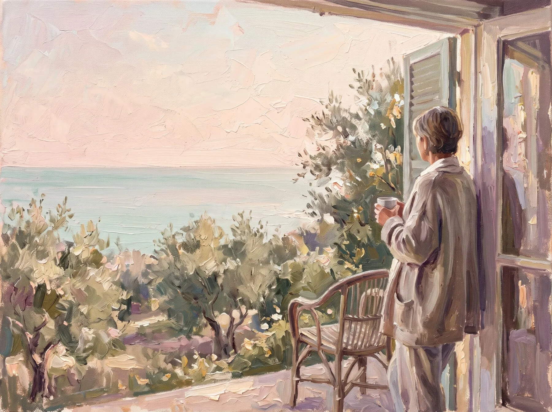 A parent on a balcony looking out at the sea