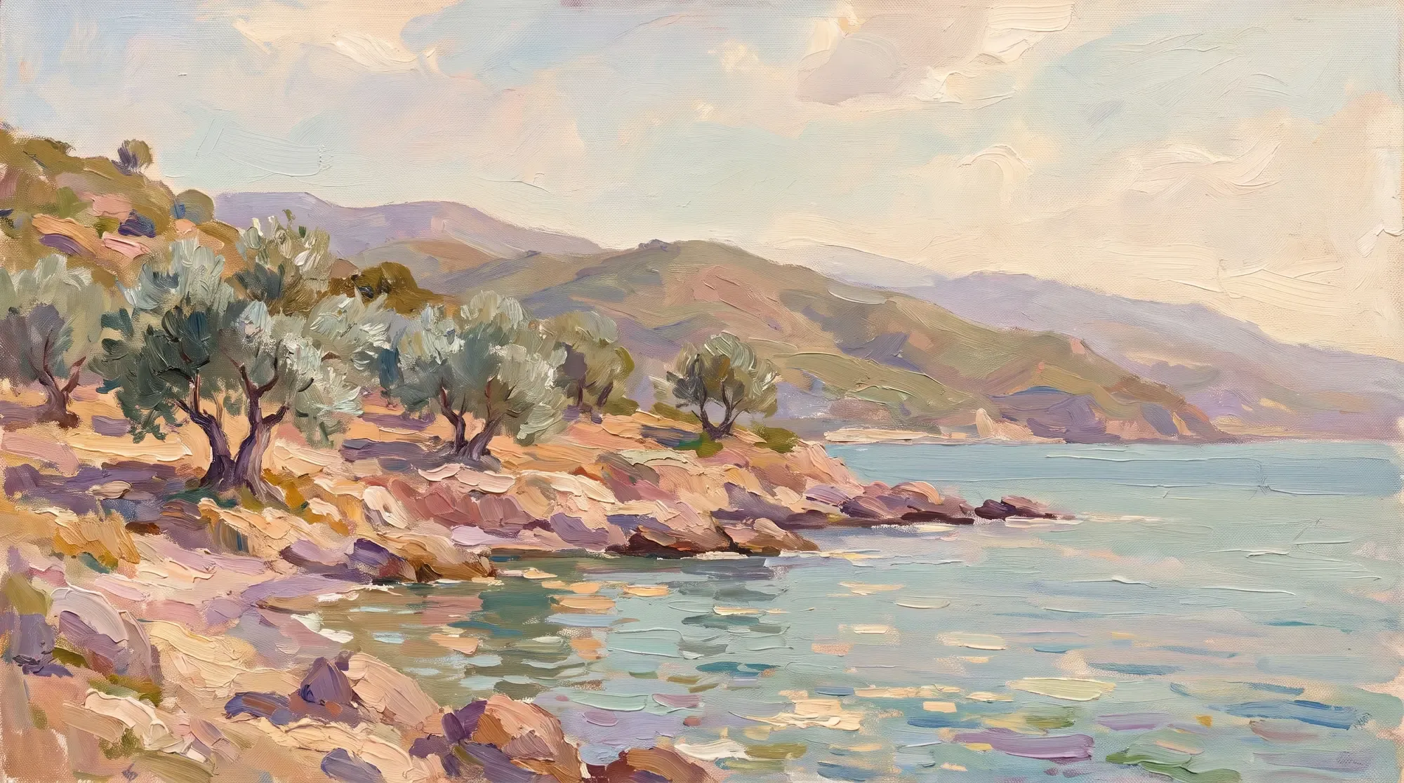 Rocky Mediterranean coastline near Almuñécar with olive trees and blue sea