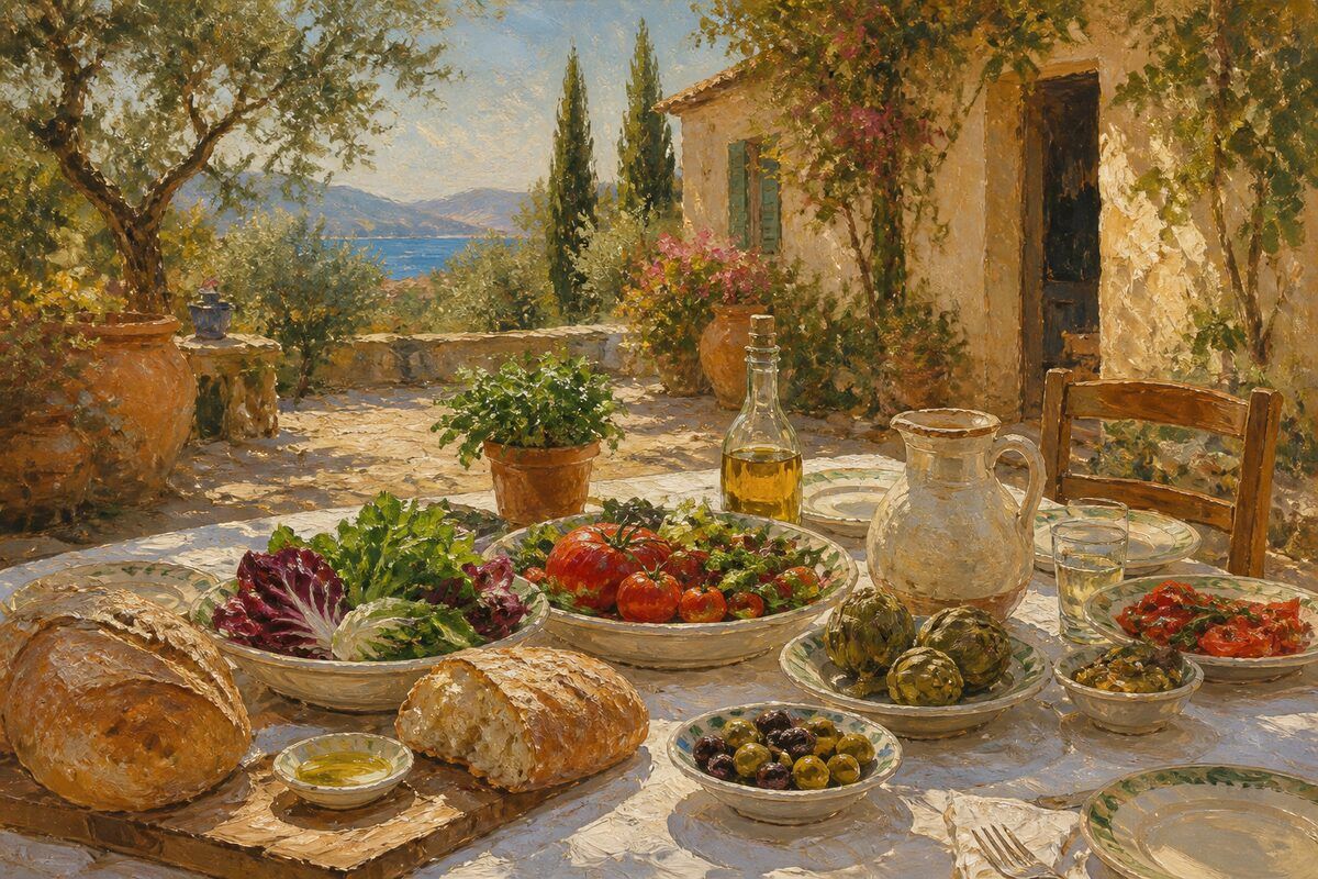 Farm-to-table Mediterranean dining table with fresh local ingredients