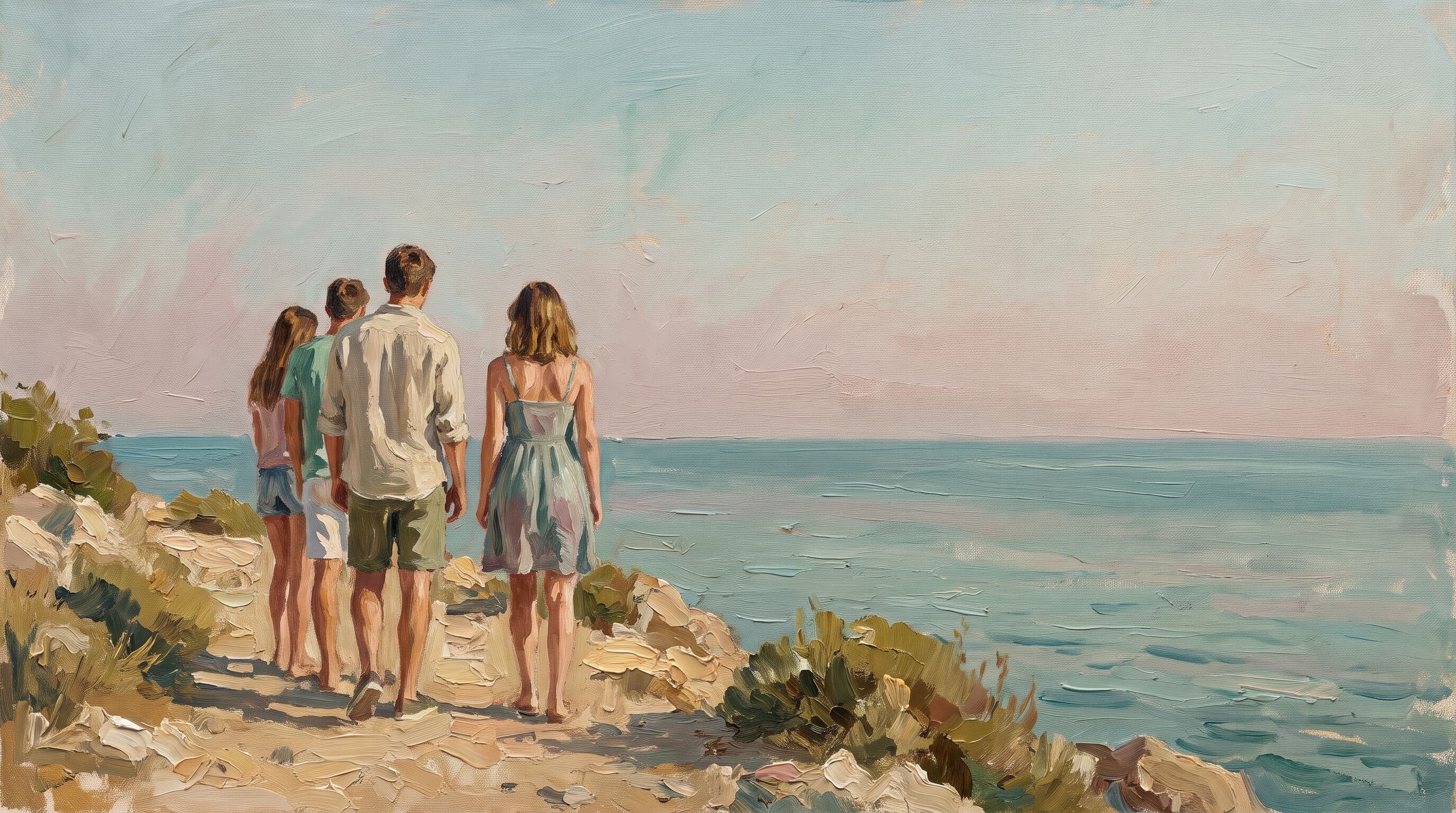 Four young people looking out over a Mediterranean coastline at The Self Awareness Lab retreat