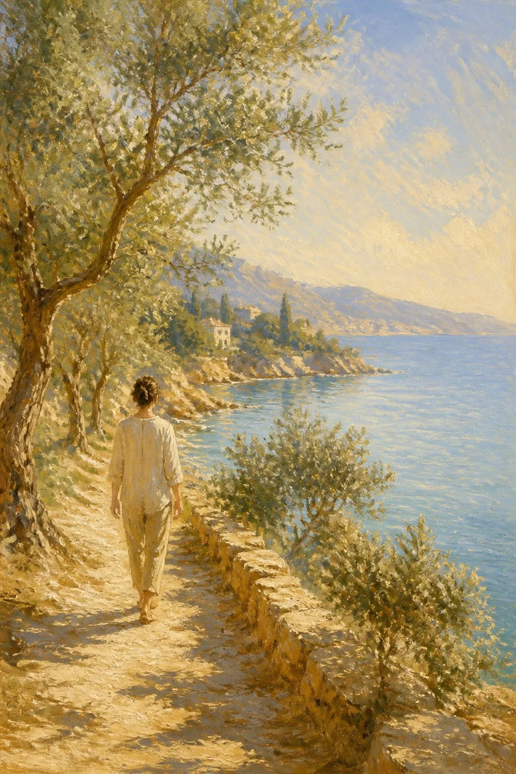 Impressionist coastal morning path suggesting a contemplative daily retreat pace